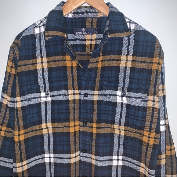 Rainforest Plaid Flannel Shirt Jacket Corduroy Blue Orange Men's Size Medium - Picture 4 of 10